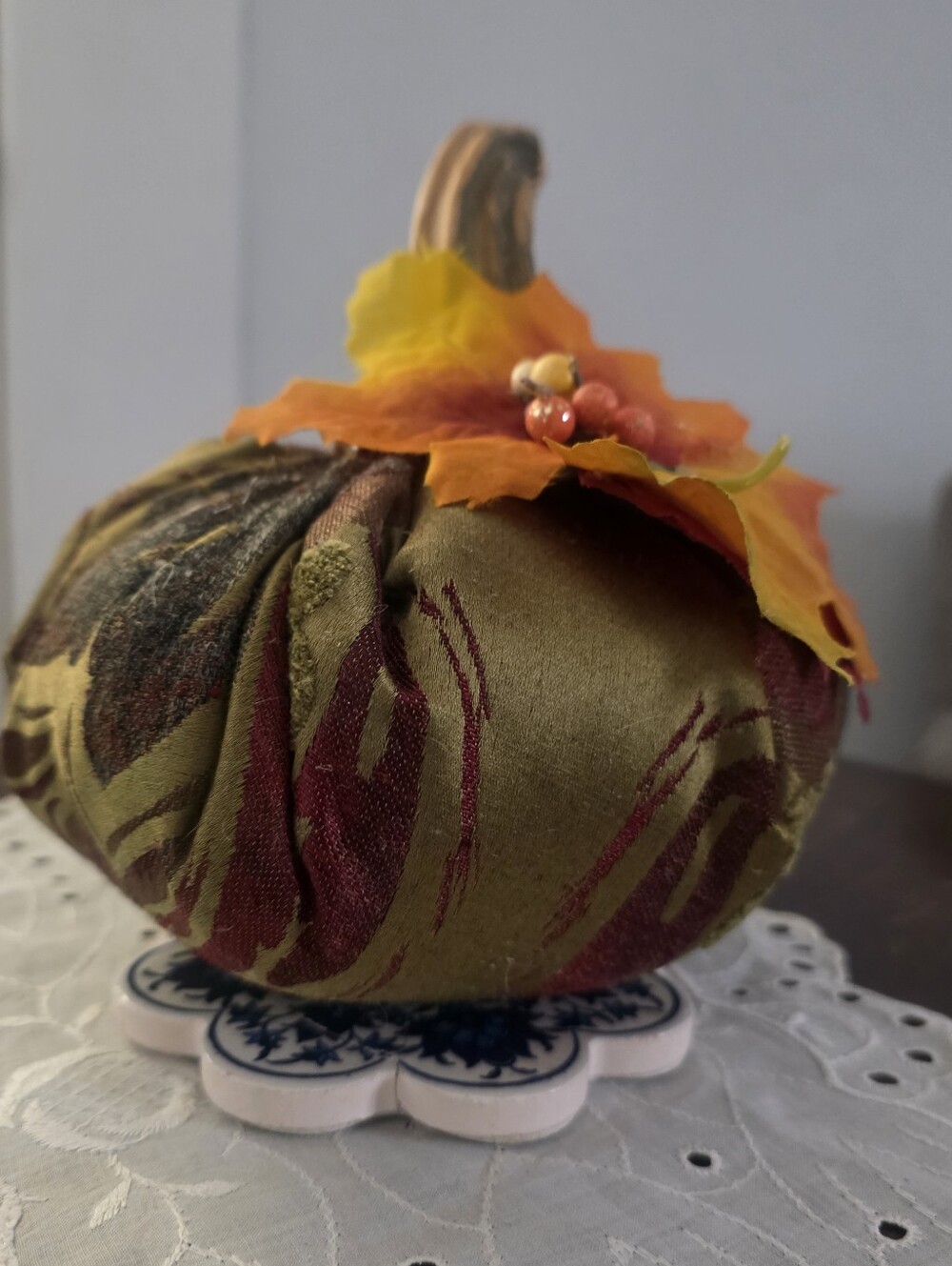 Handmade Fall Seasonal Decorative Autumn Fabric Pumpkin Olive Green & Rust Decor